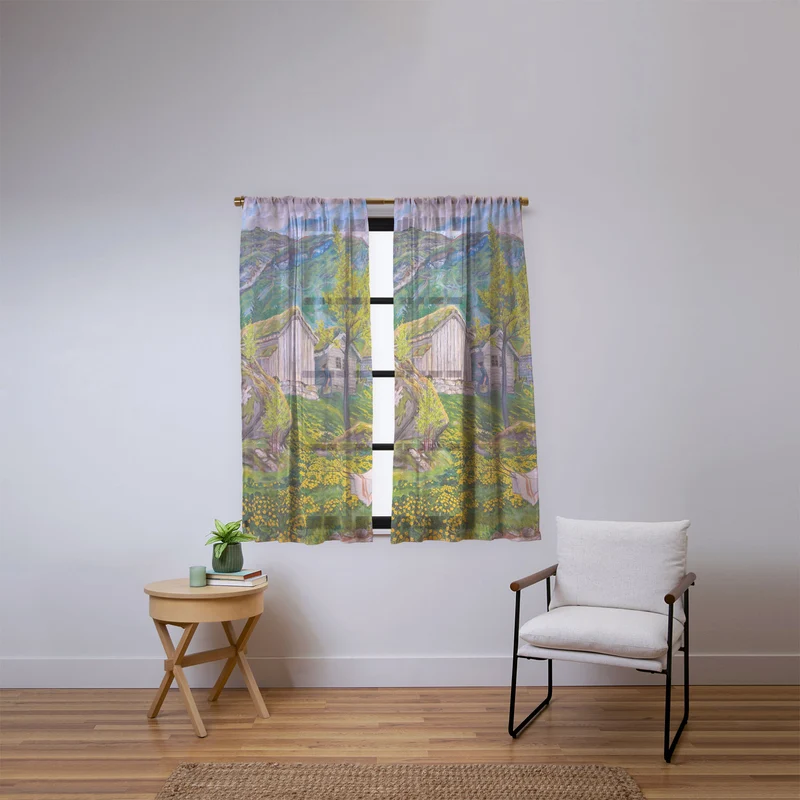 Yellow buttercup blossoms Spring Mood by Old Cotters Farm alpine landscape by Nikolai Astrup Window Curtain