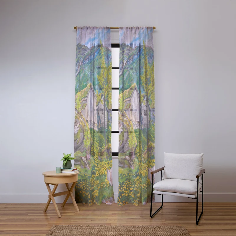 Yellow buttercup blossoms Spring Mood by Old Cotters Farm alpine landscape by Nikolai Astrup Window Curtain
