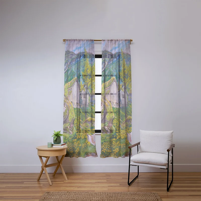 Yellow buttercup blossoms Spring Mood by Old Cotters Farm alpine landscape by Nikolai Astrup Window Curtain