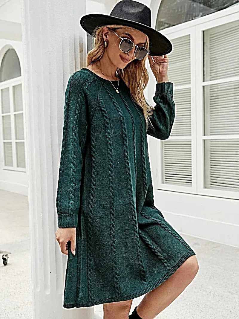 Kabelgebreide trui-jurk voor dames - Zachte acryl, licht elastisch, lange mouwen - Trendy stijl