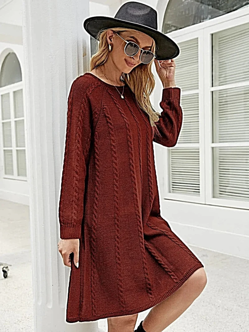 Kabelgebreide trui-jurk voor dames - Zachte acryl, licht elastisch, lange mouwen - Trendy stijl