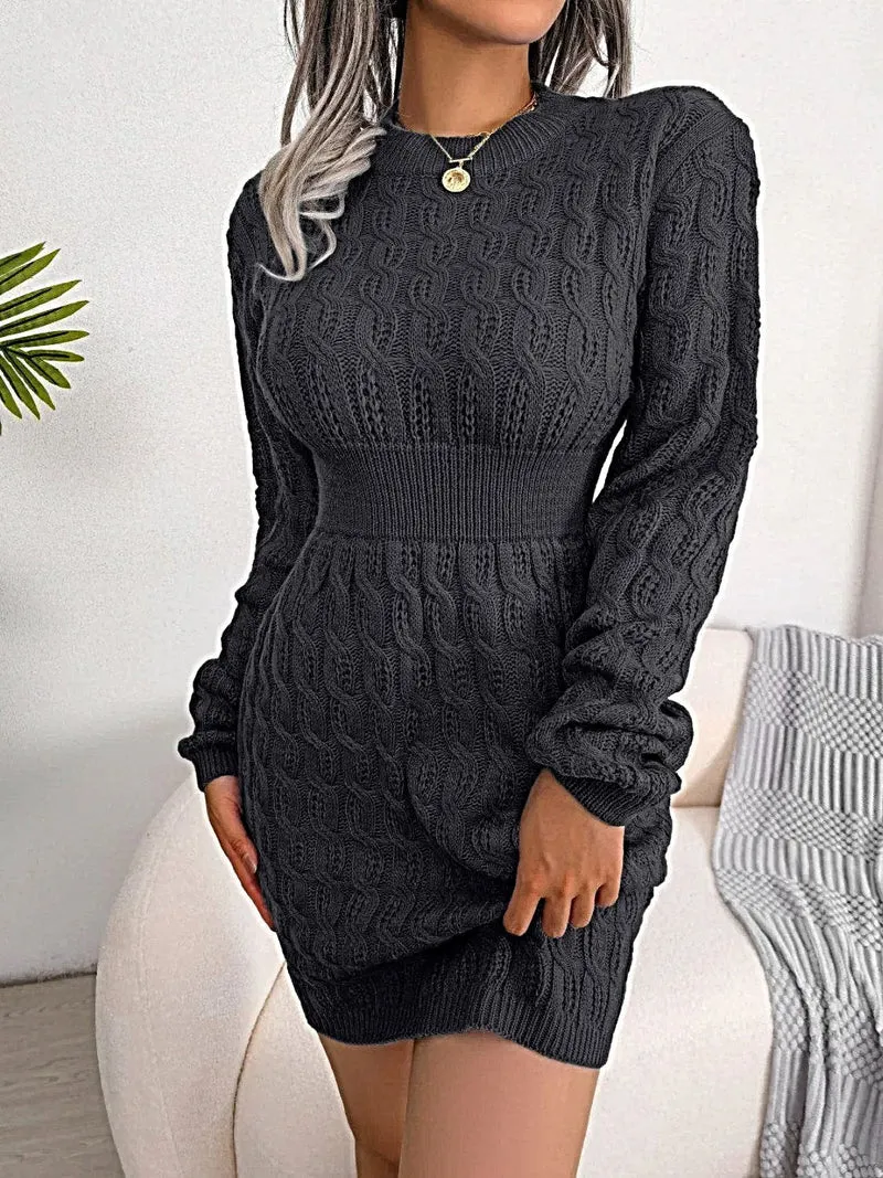 Luxe kabelgebreide sweaterjurk met ronde hals en mini-wikkeldetail – Hoogwaardig acryl