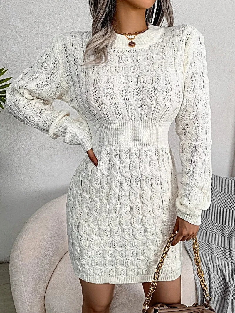 Luxe kabelgebreide sweaterjurk met ronde hals en mini-wikkeldetail – Hoogwaardig acryl