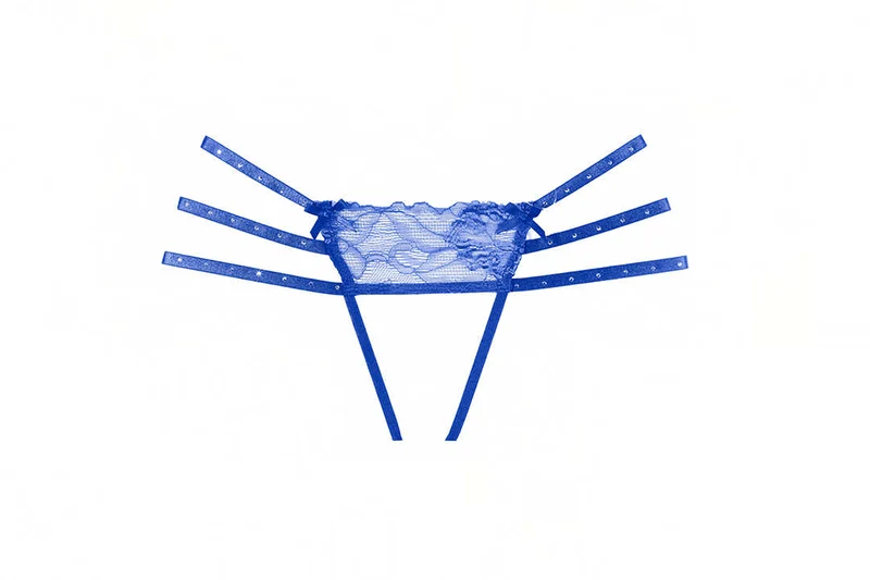 Verleidelijke blauwe panty met driedubbele strass-bandjes en kanten details van Allure Lingerie