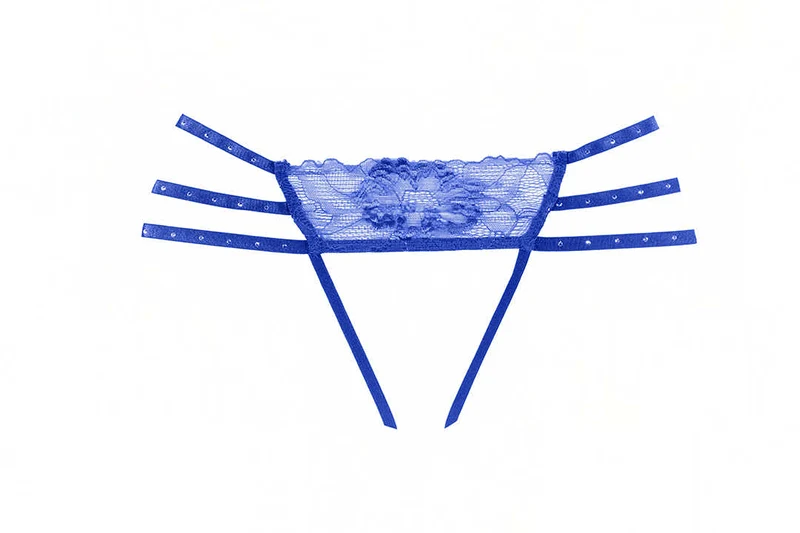 Verleidelijke blauwe panty met driedubbele strass-bandjes en kanten details van Allure Lingerie