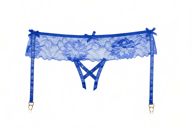 Allure 2-8702B Mira Sexy Open Kruis Panty in Blauw met Kant en Strass Bandjes