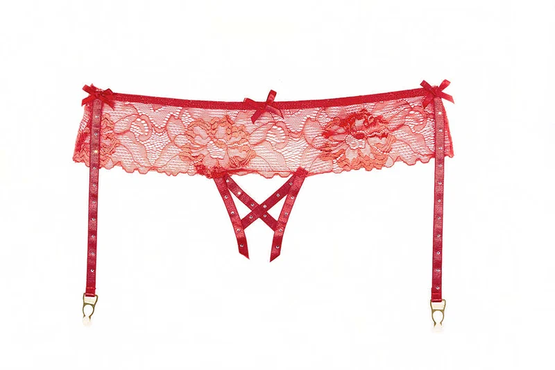 Flirterige rode panty met kant en strass bandjes - Allure 2-8702R