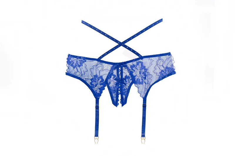 Blauwe kruisloze kousenband met strass-bandjes - Allure Charlotte-collectie