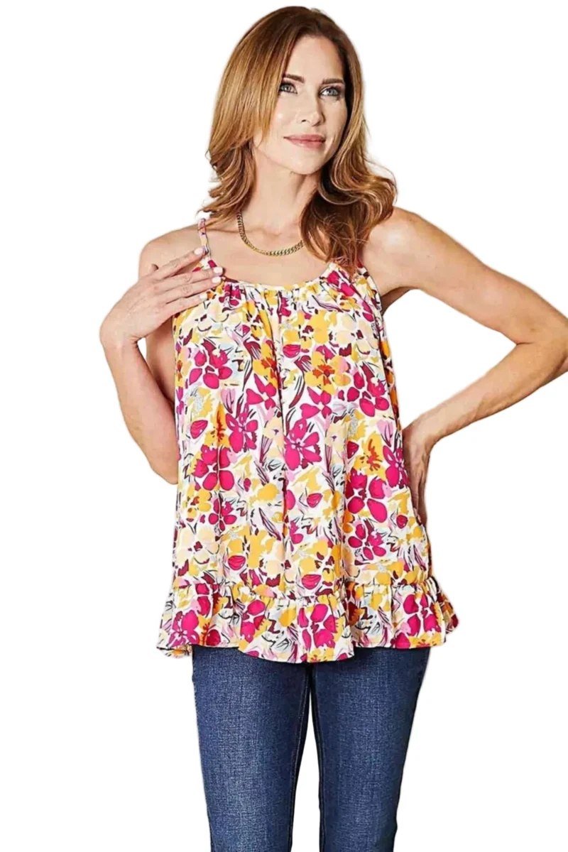 Topje met bloemenprint en ronde hals en ruches aan de zoom - Elegant model voor alle maten, ook voor plussize maten.