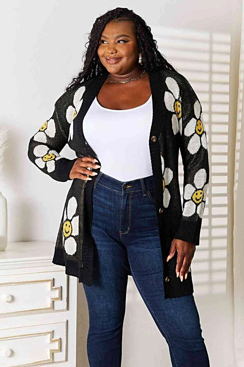 Lange cardigan met bloemenprint - elegante knoopsluiting, ribdetails en een gemiddelde stretch.