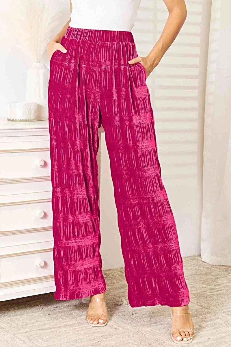 Luxe fluwelen broek met ruches - hoge taille, wijde pijpen, ondoorzichtig met zakken