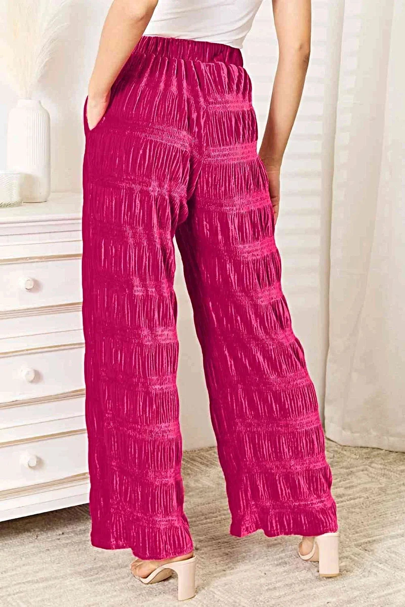 Luxe fluwelen broek met ruches - hoge taille, wijde pijpen, ondoorzichtig met zakken