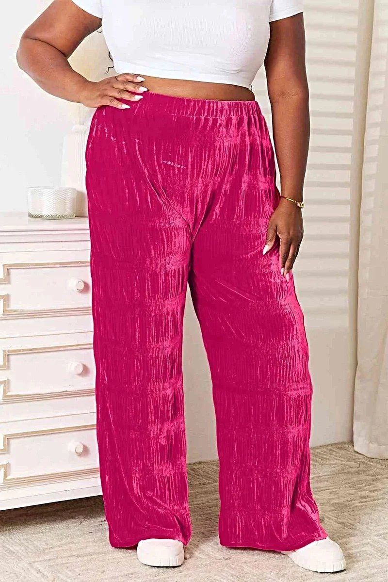 Luxe fluwelen broek met ruches - hoge taille, wijde pijpen, ondoorzichtig met zakken