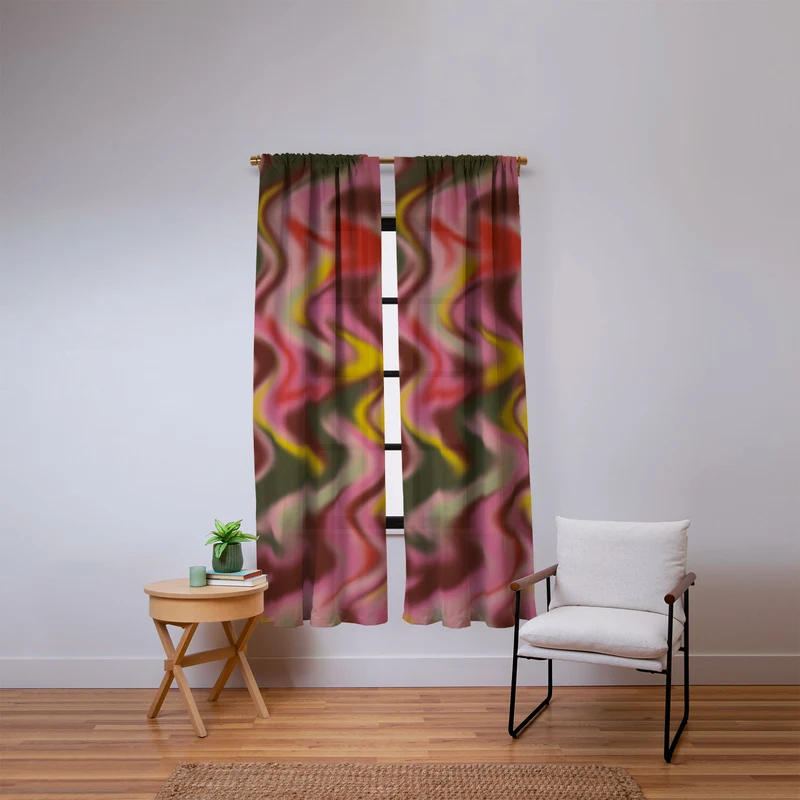 Groovy Abstract Waves in Pink Green Yellow and Red Window Curtain