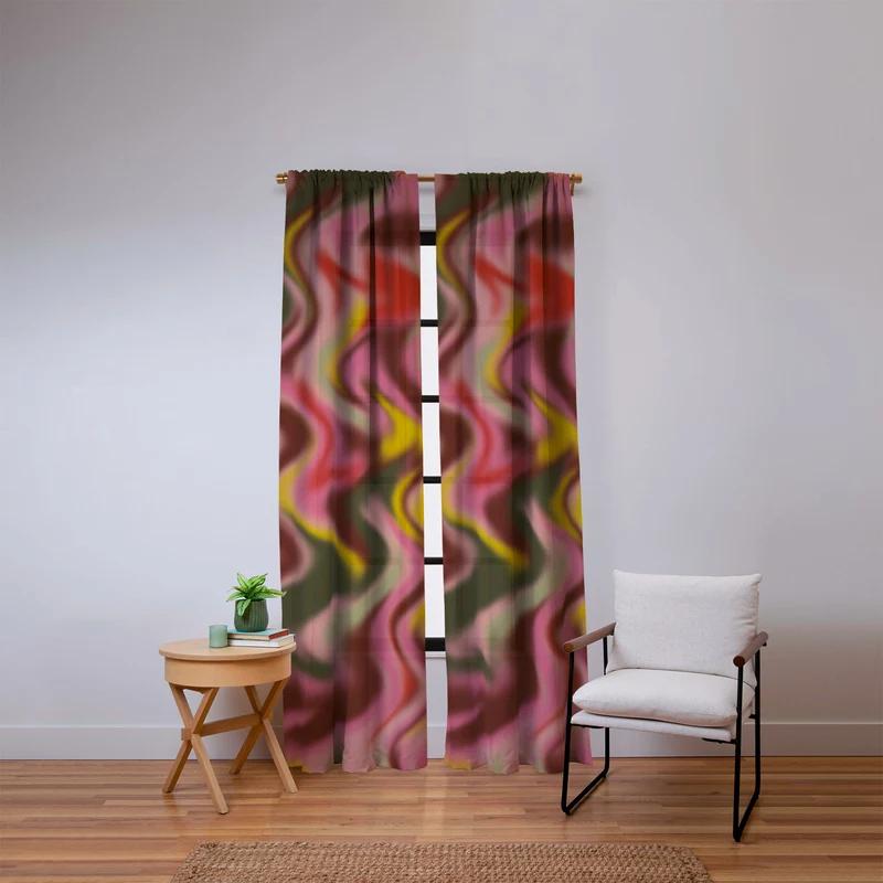 Groovy Abstract Waves in Pink Green Yellow and Red Window Curtain