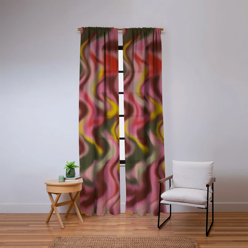 Groovy Abstract Waves in Pink Green Yellow and Red Window Curtain