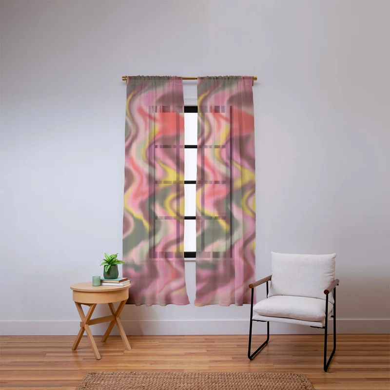 Groovy Abstract Waves in Pink Green Yellow and Red Window Curtain