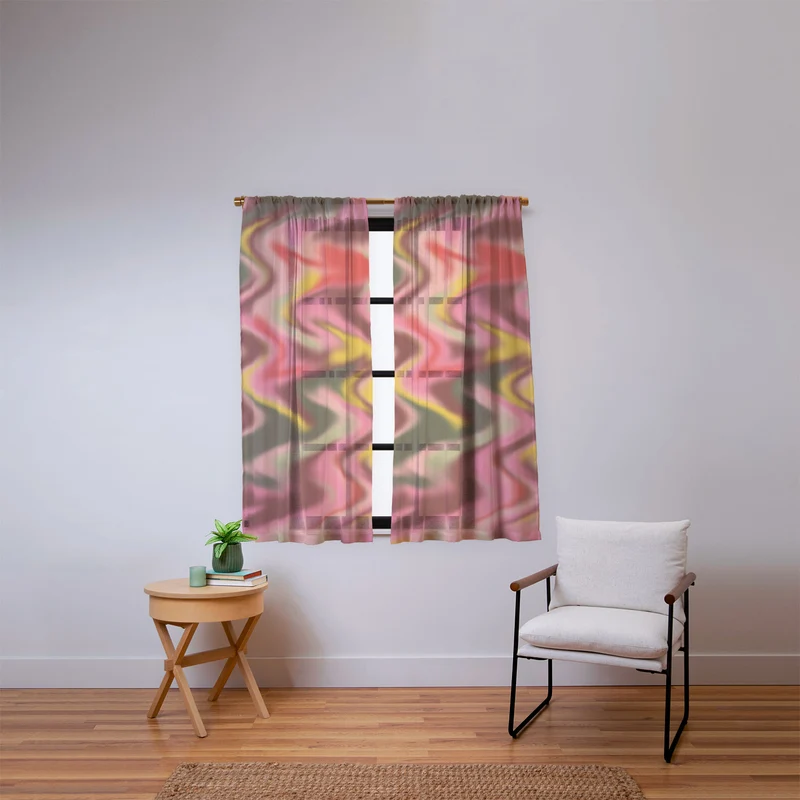 Groovy Abstract Waves in Pink Green Yellow and Red Window Curtain