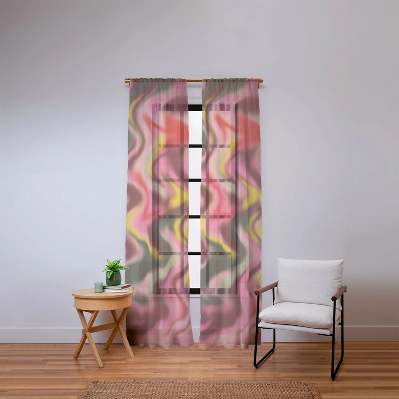 Groovy Abstract Waves in Pink Green Yellow and Red Window Curtain