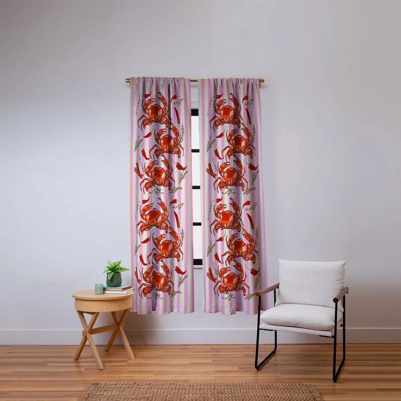 Spicy Red Crabs on Pink Pastel Stripes Retro Coastal Illustration Window Curtain