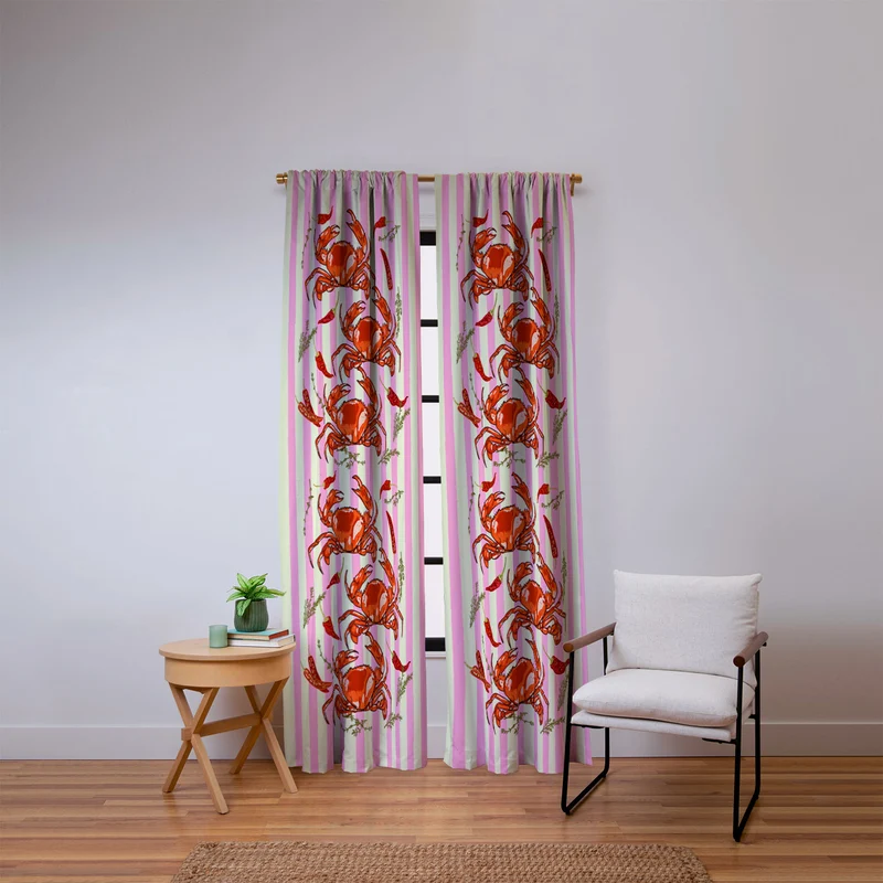 Spicy Red Crabs on Pink Pastel Stripes Retro Coastal Illustration Window Curtain