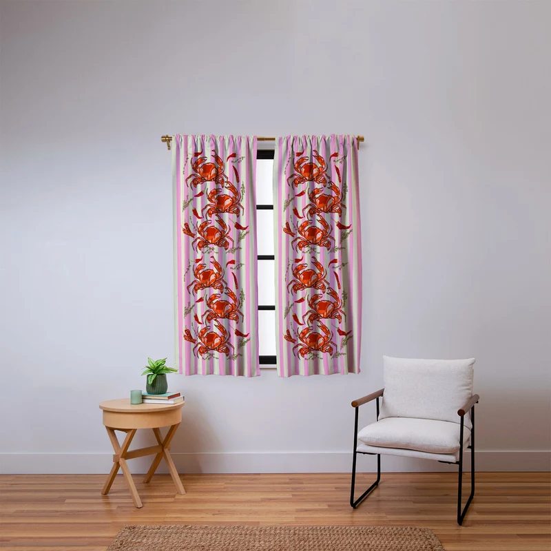 Spicy Red Crabs on Pink Pastel Stripes Retro Coastal Illustration Window Curtain