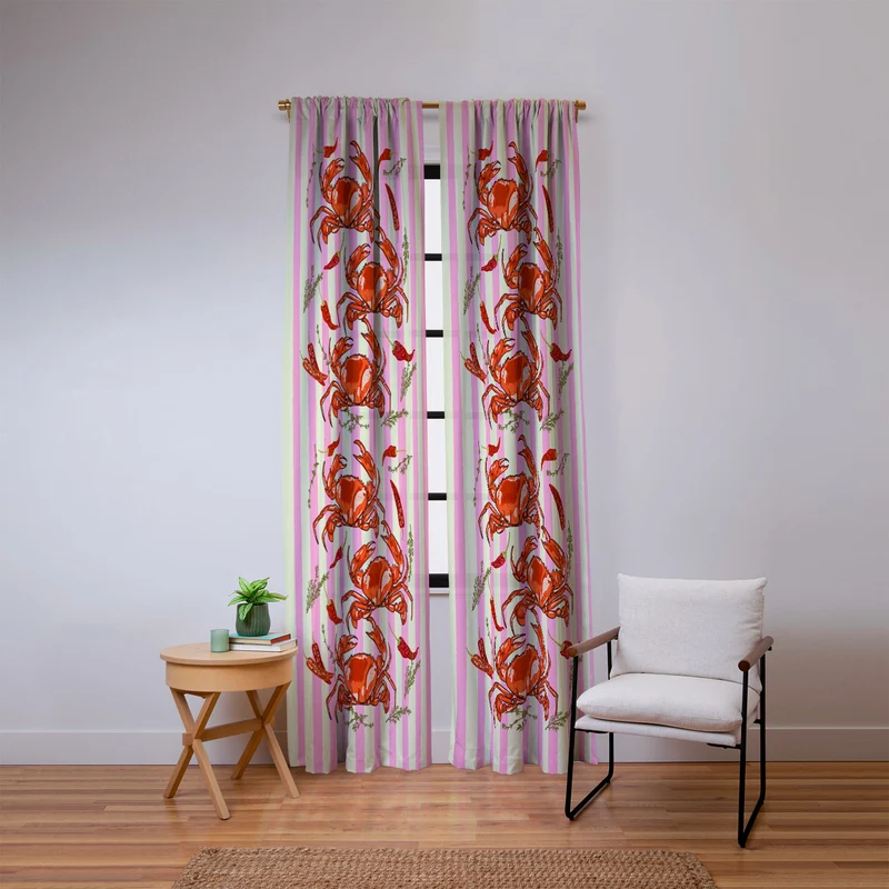 Spicy Red Crabs on Pink Pastel Stripes Retro Coastal Illustration Window Curtain