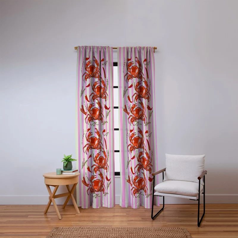 Spicy Red Crabs on Pink Pastel Stripes Retro Coastal Illustration Window Curtain