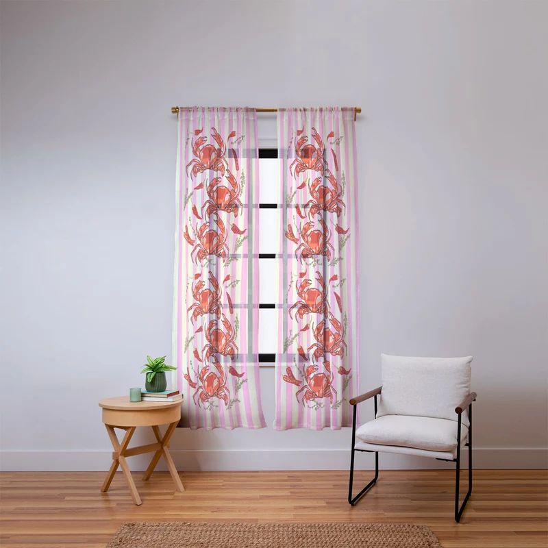 Spicy Red Crabs on Pink Pastel Stripes Retro Coastal Illustration Window Curtain