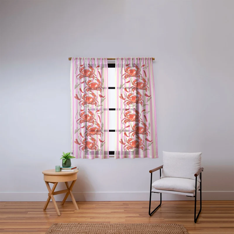 Spicy Red Crabs on Pink Pastel Stripes Retro Coastal Illustration Window Curtain