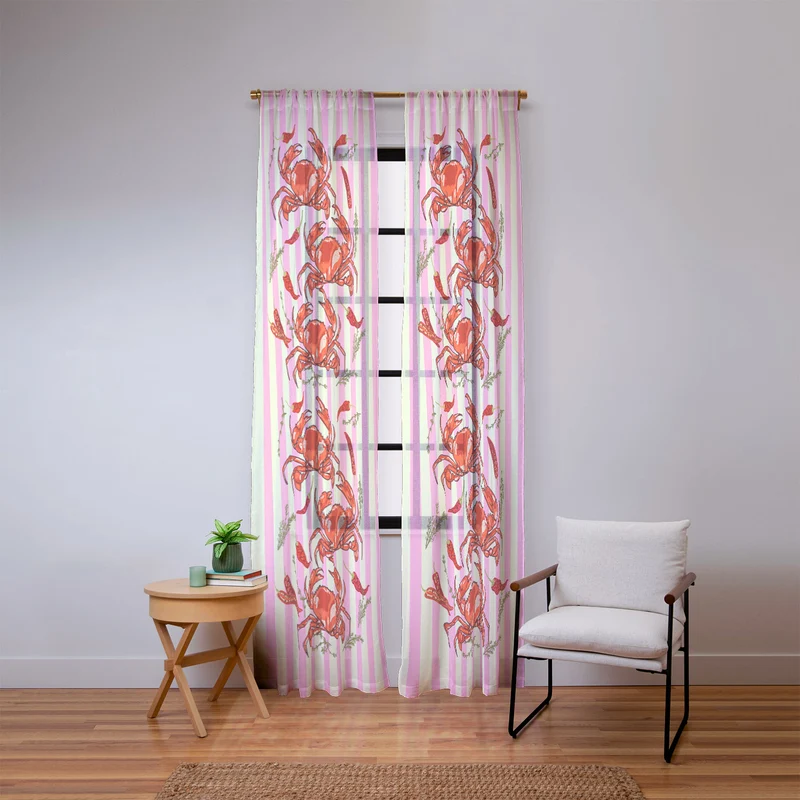 Spicy Red Crabs on Pink Pastel Stripes Retro Coastal Illustration Window Curtain