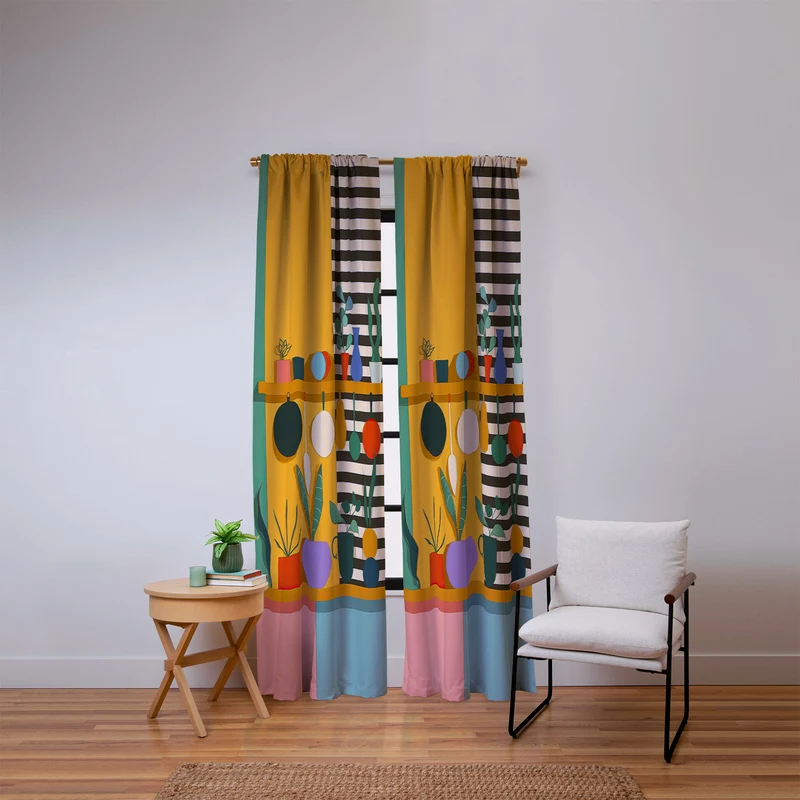Abstract Modern Kitchen Art With Plants And Hanging Utensils Window Curtain