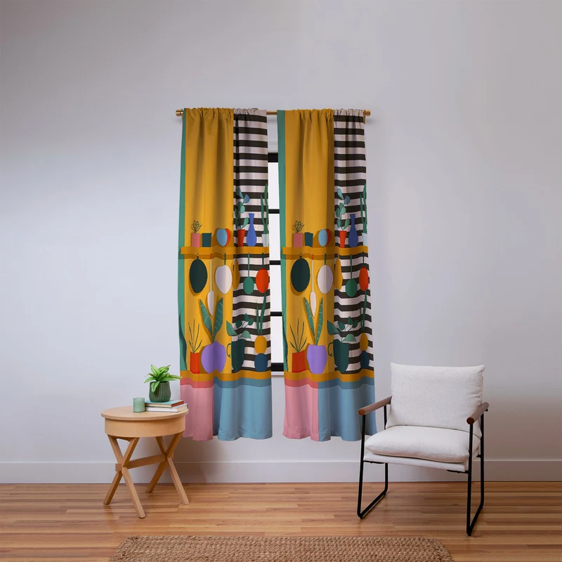 Abstract Modern Kitchen Art With Plants And Hanging Utensils Window Curtain