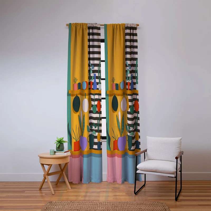 Abstract Modern Kitchen Art With Plants And Hanging Utensils Window Curtain
