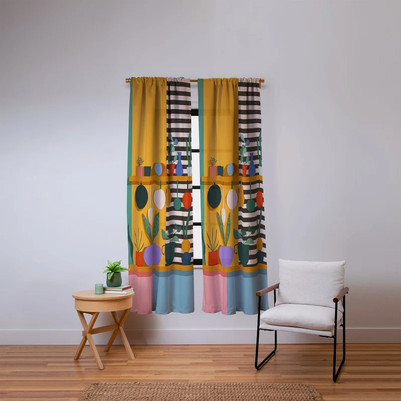 Abstract Modern Kitchen Art With Plants And Hanging Utensils Window Curtain