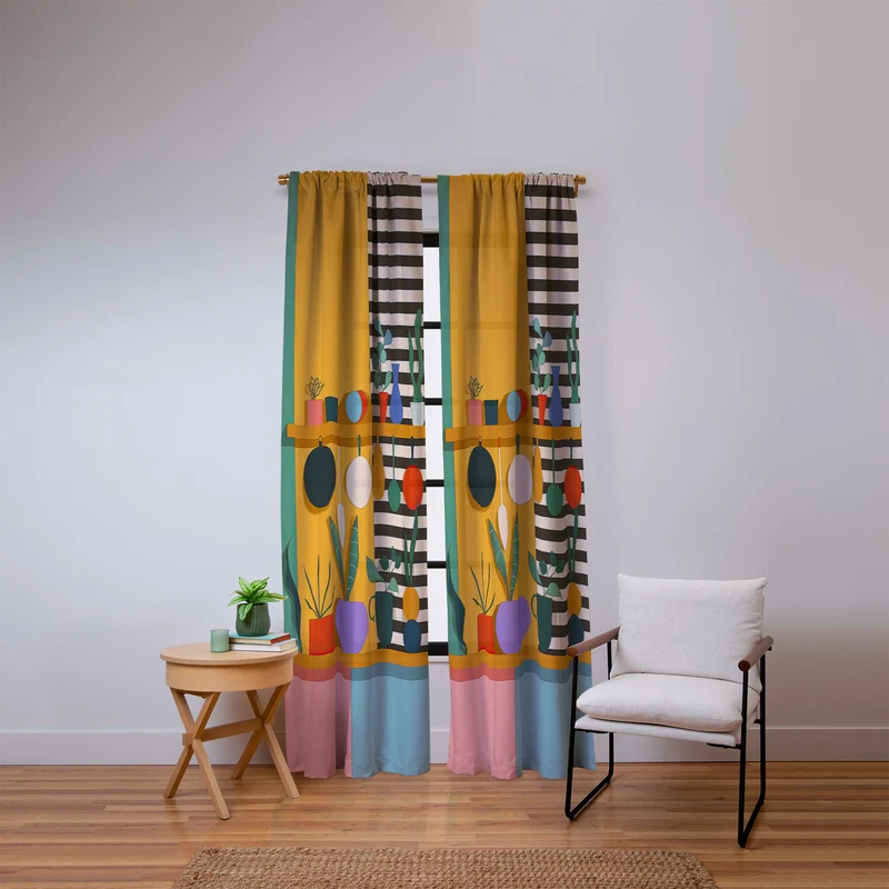 Abstract Modern Kitchen Art With Plants And Hanging Utensils Window Curtain
