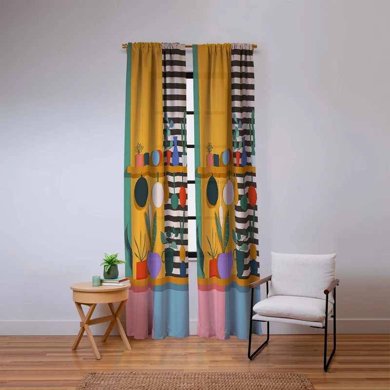 Abstract Modern Kitchen Art With Plants And Hanging Utensils Window Curtain