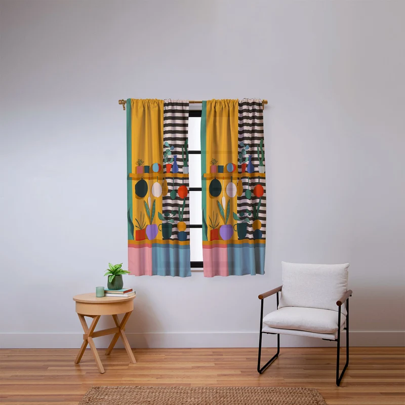 Abstract Modern Kitchen Art With Plants And Hanging Utensils Window Curtain