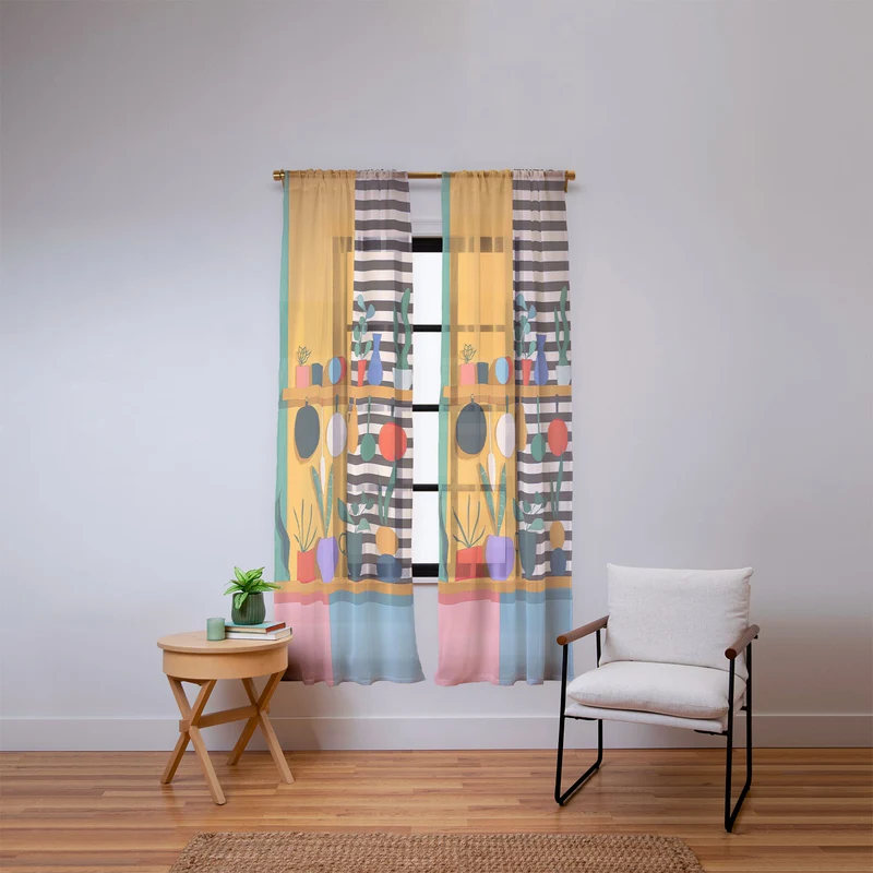 Abstract Modern Kitchen Art With Plants And Hanging Utensils Window Curtain