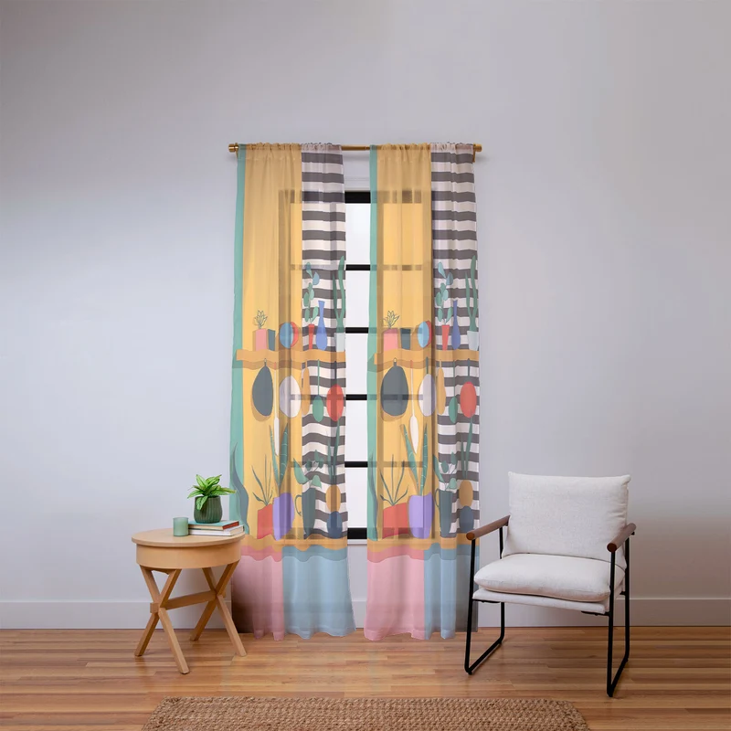Abstract Modern Kitchen Art With Plants And Hanging Utensils Window Curtain
