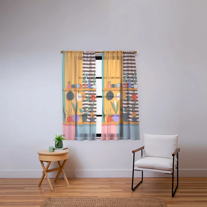 Abstract Modern Kitchen Art With Plants And Hanging Utensils Window Curtain