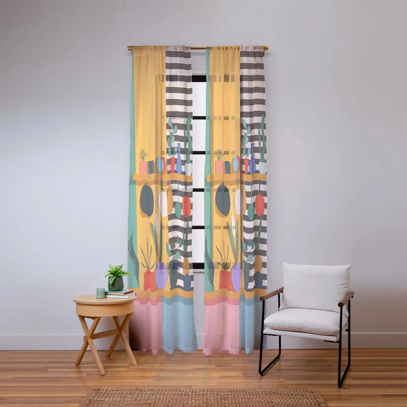 Abstract Modern Kitchen Art With Plants And Hanging Utensils Window Curtain