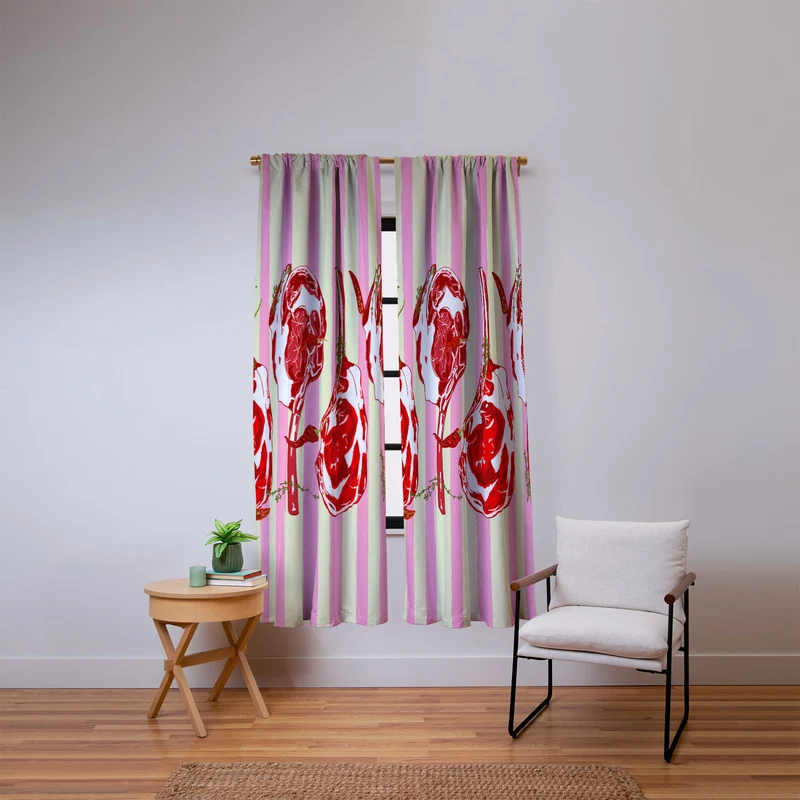 Tomahawk Steak with Chili Herbs on Pink Stripes Window Curtain