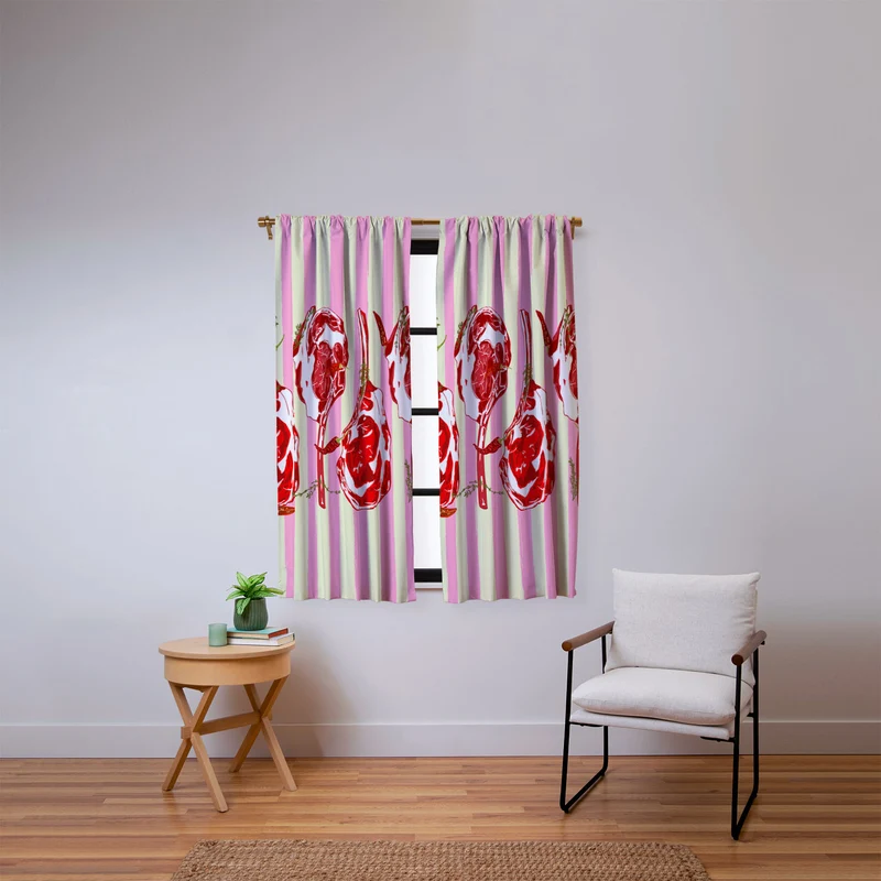 Tomahawk Steak with Chili Herbs on Pink Stripes Window Curtain