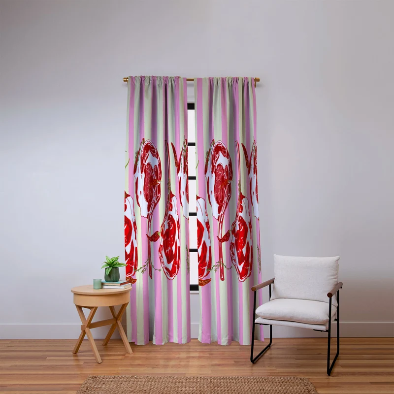 Tomahawk Steak with Chili Herbs on Pink Stripes Window Curtain