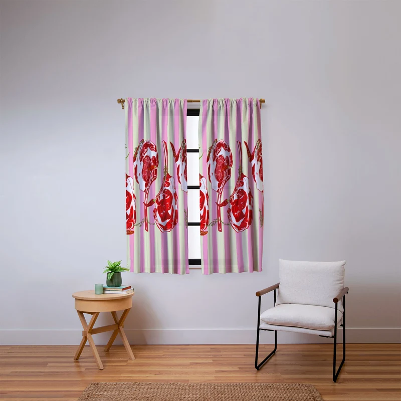 Tomahawk Steak with Chili Herbs on Pink Stripes Window Curtain
