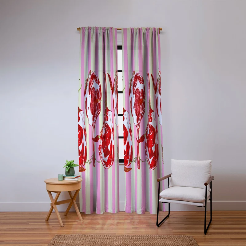 Tomahawk Steak with Chili Herbs on Pink Stripes Window Curtain