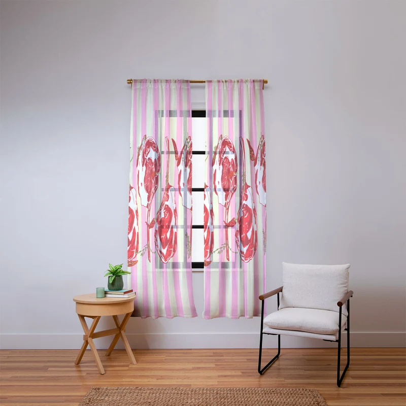 Tomahawk Steak with Chili Herbs on Pink Stripes Window Curtain