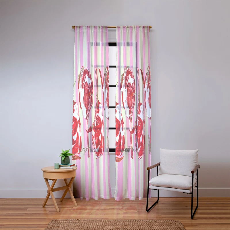 Tomahawk Steak with Chili Herbs on Pink Stripes Window Curtain