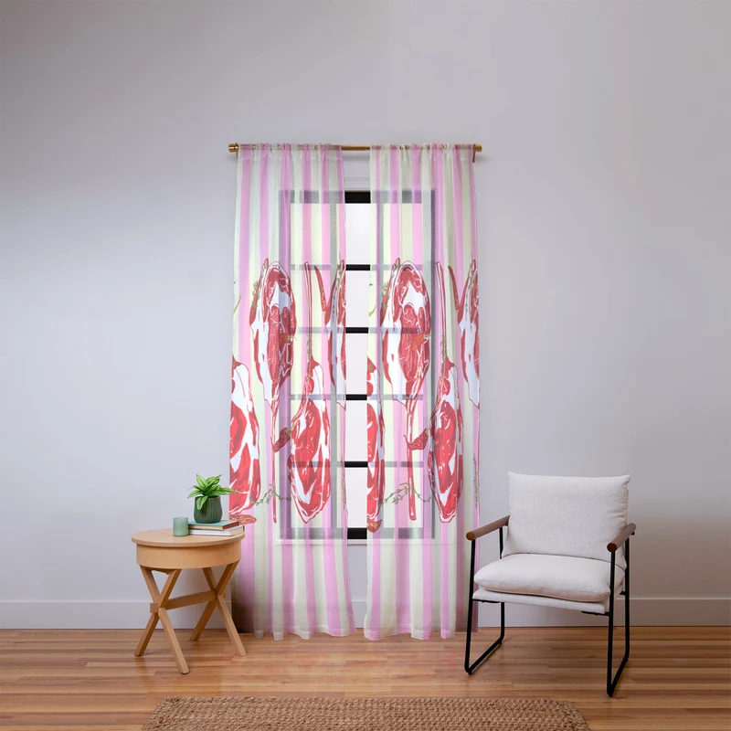 Tomahawk Steak with Chili Herbs on Pink Stripes Window Curtain
